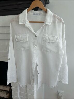 Tempo Paris White Linen  Button-Down Shirt